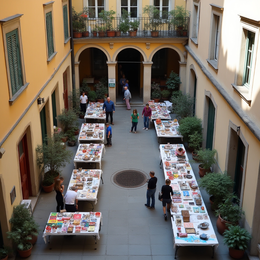 Mercatino dell'usato allestito in un cortile condominiale con tavoli numerati